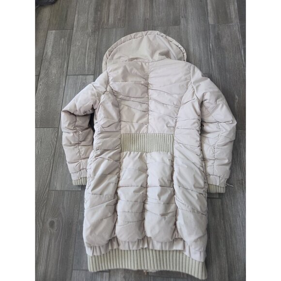 Beige Puffer Ruched Down Jacket With Fur Collar. Sz Small. Slight Discoloration - Picture 2 of 7